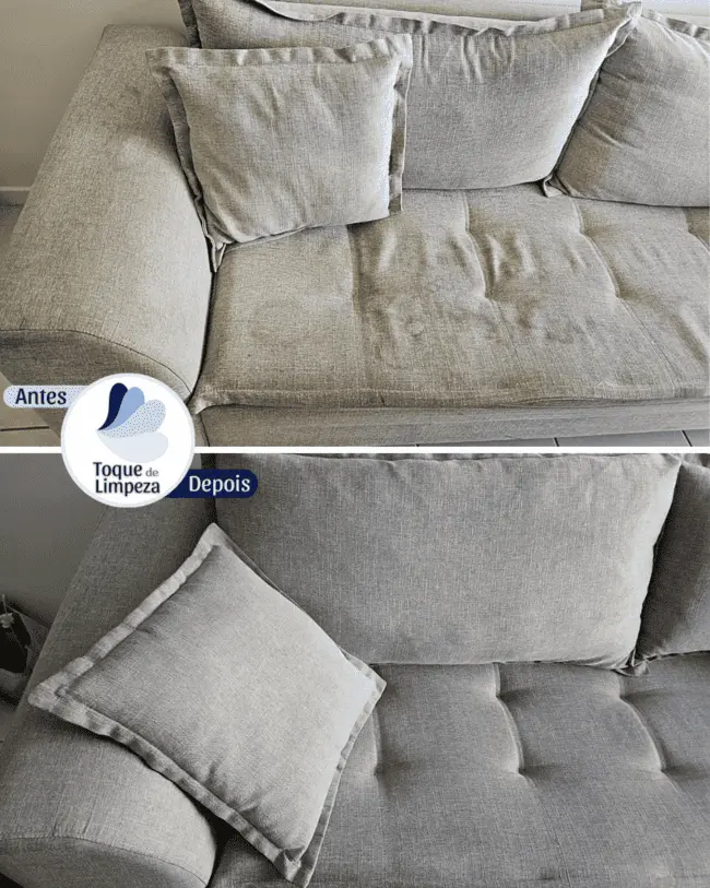 Imagem mostrando sofás e cholhões antes e depois da limpeza